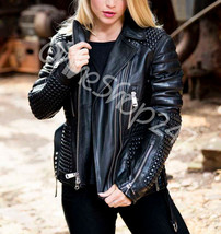 New Woman Full Black Studded Top Quilted Punk Unique Style Biker Leather Jacket - £239.79 GBP