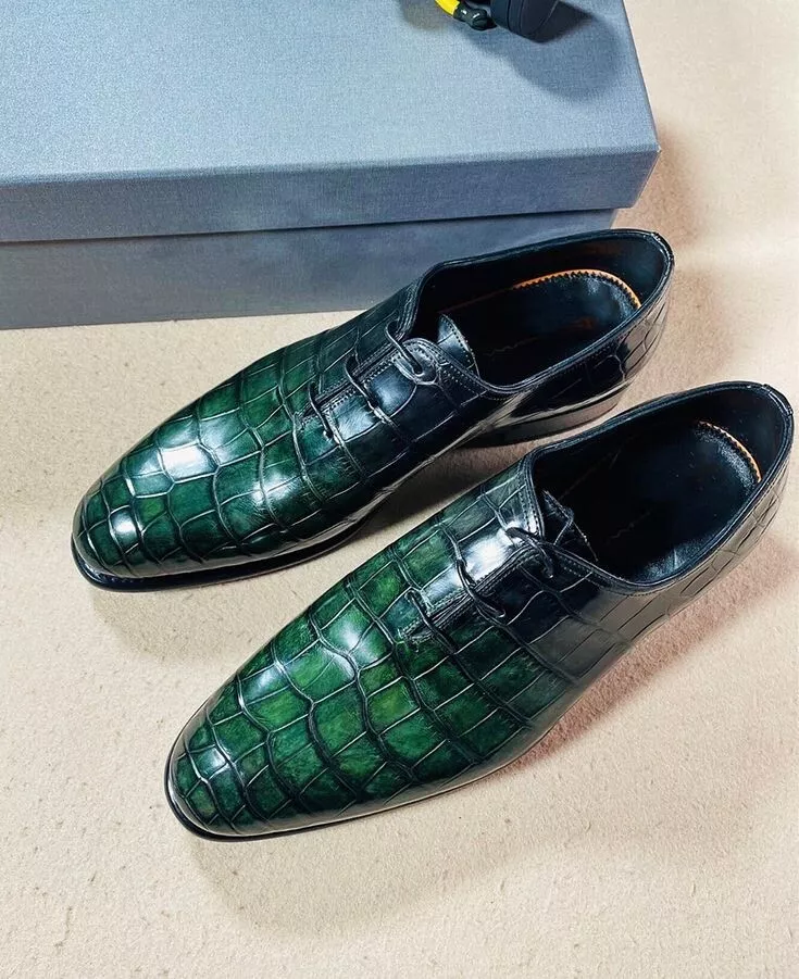 New Green Handmade Alligator Pattern Leather Formal Lace Up Office Shoes For Men - $179.99