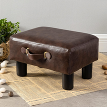 Small Foot Stool with Handle, Brown Faux Leather Short Foot Stool Rest, Rectangl - £41.58 GBP