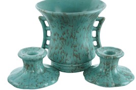 c1940 Rumrill Art Pottery Vase and Candle holder with unusual sponged green matt - £130.19 GBP