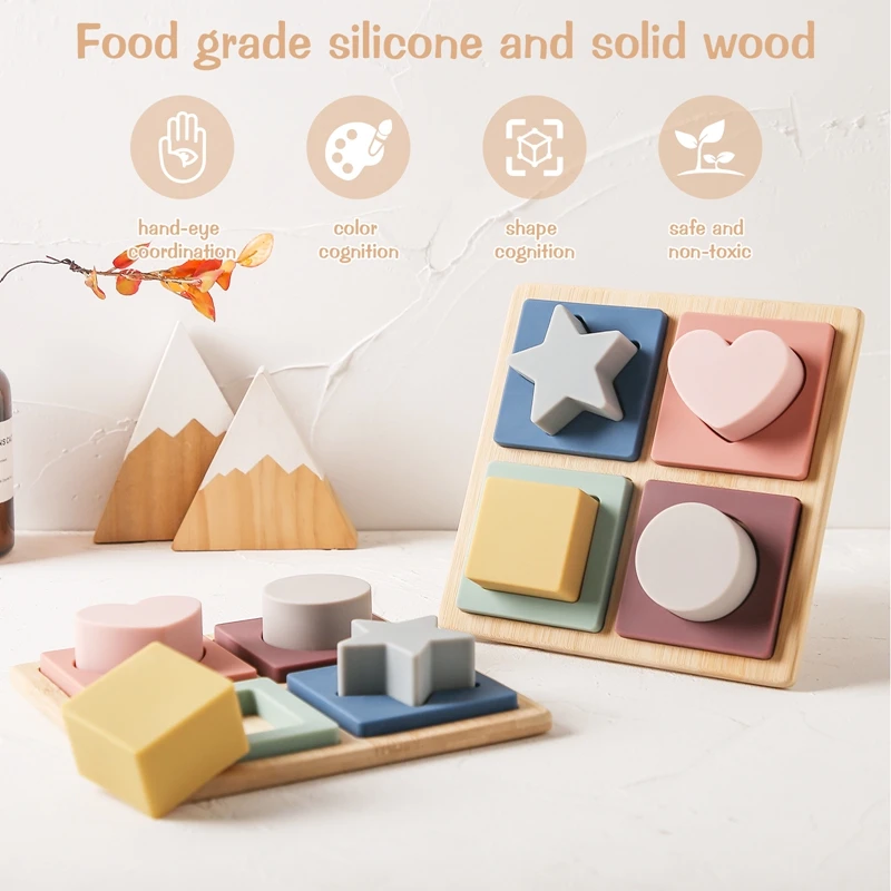 Play Baby Wooden Geometric Shapes Montessori Puzzle Sorting Silicone Bricks BPA  - £50.24 GBP