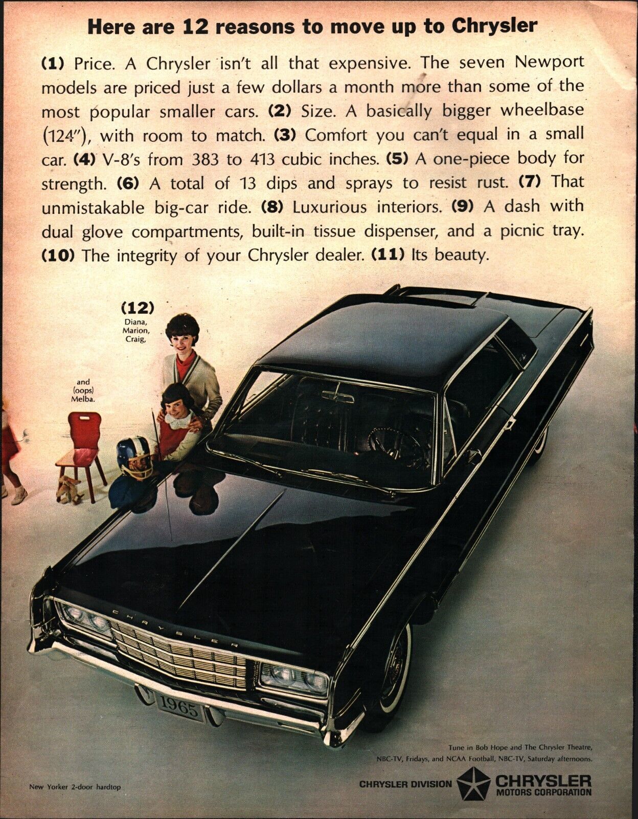 1965 Chrysler New Yorker 2 Door Sedan Ad   12 Reasons to Move up c1 - $25.05