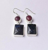 Silver 925 Natural Sapphire &amp; Ruby Square Handcrafted Earrings Women Party Wear - £69.85 GBP