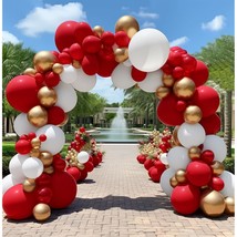 Red White Gold Balloon Arch Double Stuffed Red And White Balloons Matte Ruby Red - £30.80 GBP