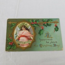 Antique Embossed Christmas Post Card Divided Back Angel Holly Happiness Germany - £6.99 GBP