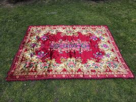 Red floral plush bed cover, vintage elegant boho bedspread, Italian velv... - $135.00