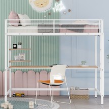Twin Metal Loft Bed with Desk and Shelve,White - £240.21 GBP