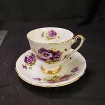 Society Fine Bone China Tea Cup &amp; Saucer Pansies Gold Trim England Vintage - £18.68 GBP