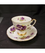 Society Fine Bone China Tea Cup &amp; Saucer Pansies Gold Trim England Vintage - £18.68 GBP