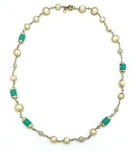 J Crew Matte Gold Tone Green Tube Bead Pearl Rhinestone Necklace - £22.34 GBP