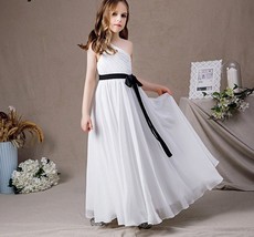 White Chiffon One Shoulder First Communion Dress 2022 Long Kids Birthday Party S - £122.30 GBP