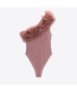 Zara Beige Pink One Shoulder Ruffled Tulle Bodysuit Bloggers Fave Small - $56.10