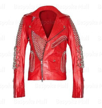 New Women&#39;s Red Silver Spiked Studded Designed Cowhide Biker Leather Jacket-940 - £343.71 GBP