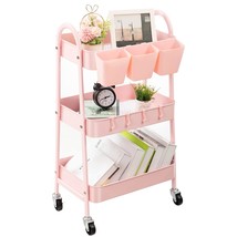 3-Tier Rolling Cart, Metal Rolling Storage Cart With Lockable Wheels &amp; Hanging C - £53.07 GBP
