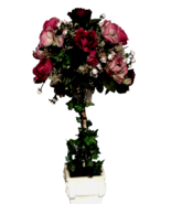 ROSE TOPIARY burgndy pink green artificial flowers white ceramic base (b... - $27.00