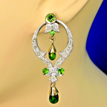 Earth mined Diamond Peridot Deco Earrings Fine Vintage Style Drop Dangles - £1,262.46 GBP