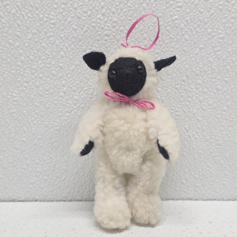 Boyds 5&quot; Lamb Jointed Plush Pink Bow Black Ears, Hands, Face 1990 Vintage - $12.54