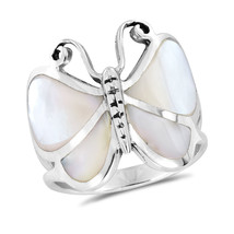 Captivating Butterfly Motif White MOP Statement Sterling Silver Ring-8 - £27.68 GBP