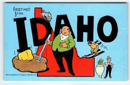 Greetings From Idaho Postcard Map Potato Butter Skier Farmers Fish Linen Kropp - $14.54