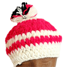 Vintage Hand Knitted Hat Red White Pom Pom Hand Made Home Made Retro Bea... - $27.25 CAD