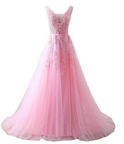 Kivary Women V Neck Sheer Beaded Long Prom Dress Formal Tulle Evening Gown Pink