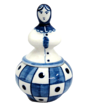 Gzhel Porcelain Covered Jar Box with Figural Woman Lid Blue White USSR 4.25&quot; - £12.02 GBP