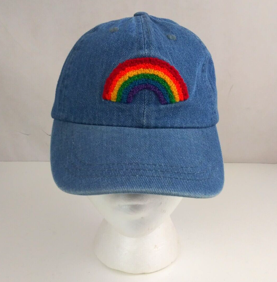 Blue Denim With Fuzzy Rainbow Unisex Embroidered Adjustable Baseball Cap - $14.84