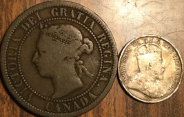 1887 LARGE CENT AND 1905 SILVER 5 CENTS LOT OF 2 CANADA COINS - $10.09