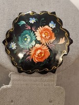 Vintage Wooden Russian Black Lacquered Painted Flower Pin Brooch - Signed 2&quot; - £10.69 GBP