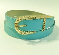 Turquoise Blue Thin Belt Gold Rope Metal Buckle Faux Leather Stitched Wo... - £16.03 GBP