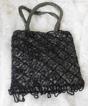 Beautiful Gray Black Beaded Satin Handbag Crossbody Bag  7&quot; x 7&quot; x 1&quot; Mag Snap - £15.25 GBP
