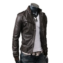 Handmade Men Slim Brown Leather Jacket With Chest Panel And Flap Double Pocket - $143.99