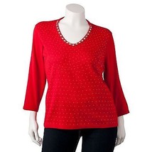 Cathy Daniels Womans Regl Plus Silver Embellished V Neck Red Sweater Top - $29.99