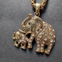 Elephant Necklace with Rhinestones, Mother and Baby, Gold Tone Vintage image 3