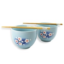 Set Of 2 Quality Blue Porcelain Ramen Bowls W/ Chopsticks Utensils Great Gift - £38.08 GBP