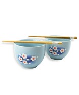 Set Of 2 Quality Blue Porcelain Ramen Bowls W/ Chopsticks Utensils Great... - $46.65