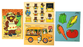 4 Vintage Preschool Wood Puzzles Fisher Price Playskool Bears Veggies School Bus - £30.93 GBP
