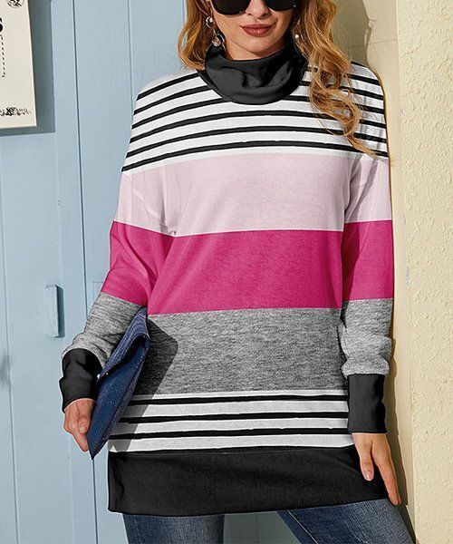 $25 Nanu Fuchsia &amp; Black Stripe Hacci Turtleneck Dolman Tunic Size Large... - $11.39