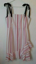 Donna Morgan Striped Sheath Dress 14 Sleeveless Ruffles Pink White Linen Zip Up - £19.77 GBP