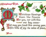 Noël Wish Poème Illuminé Texte Houx en Relief 1919 Carte Postale Noël Sc... - $9.04