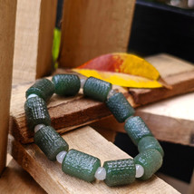 Burmese Jade Bracelet Ocean Blue-Green Color Barrel Shape Carved Pattern Natural - £155.31 GBP