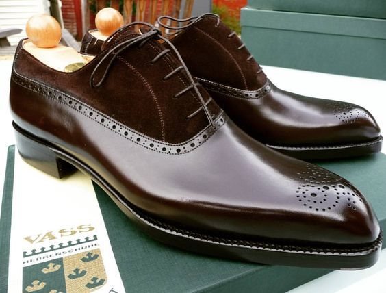 Two Tone Brown Oxford Medallion Lace Up Real Leather Handmade Luxury Men's Shoes