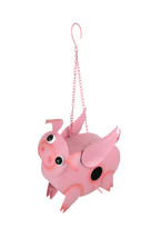 Scratch &amp; Dent Rustic Metal Pink Flying Pig Hanging Bird House Garden Yard - $29.69