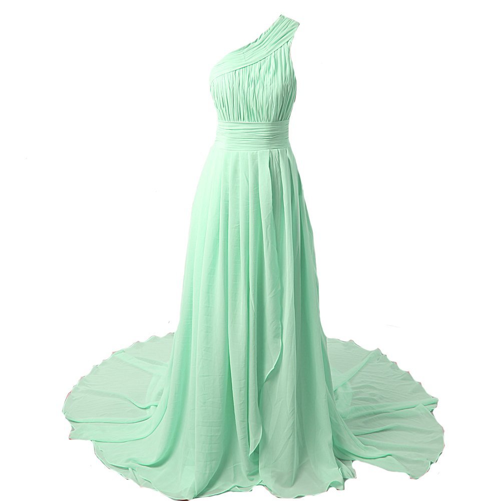 Kivary Women's One Shoulder Chiffon Simple A Line Pleats Court Train Prom Evenin