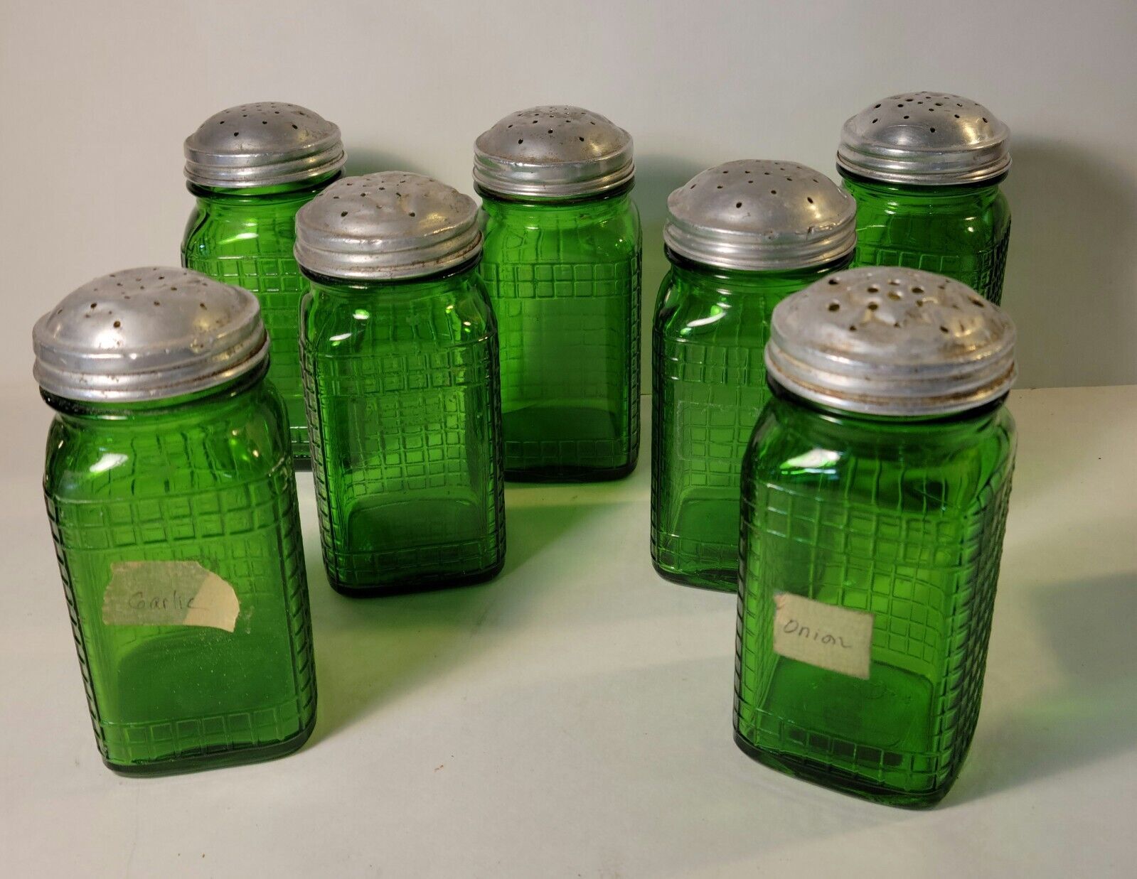 Set of 7 Owens Illinois Green Waffle Pattern Shakers with Lids - £82.96 GBP