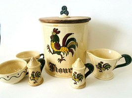 Metlox Poppytrail Rooster Flour Canister Creamer Salt Tea Coffee Cups Set of 6 - £71.05 GBP