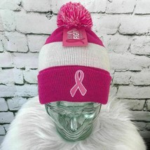 Pink For A Cure Pink Ribbon Womens One Sz Hat Striped Roll-Up Pom-Pom Beanie NWT - £9.35 GBP