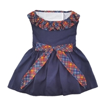 Navy Blue Dress with Plaid Ruffled Neckline &amp; Bow with Matching Leash Si... - $31.99