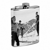 Vintage Skiing Skier Skis D46 Flask 8oz Stainless Steel Hip Drinking Whiskey B&amp;W - £11.06 GBP