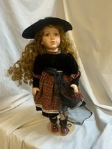 Vintage 16” Porcelain Doll Plaid Skirt Hat with Stand - £11.17 GBP